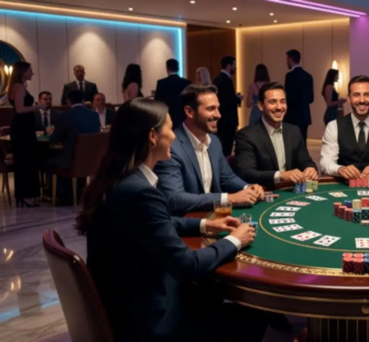 Skupinová zábava u interaktivních aktivit a společenského pokerového stolu